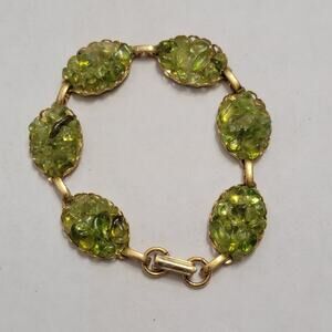 Vintage Gold Tone Peridot Green Crystal Chip Link Bracelet 7.5in Lobster Clasp